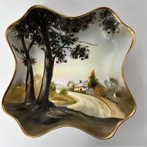 NORITAKE Nippon Dish Hand Painted Scenic Country Cottage Gold Rim Antique Bowl